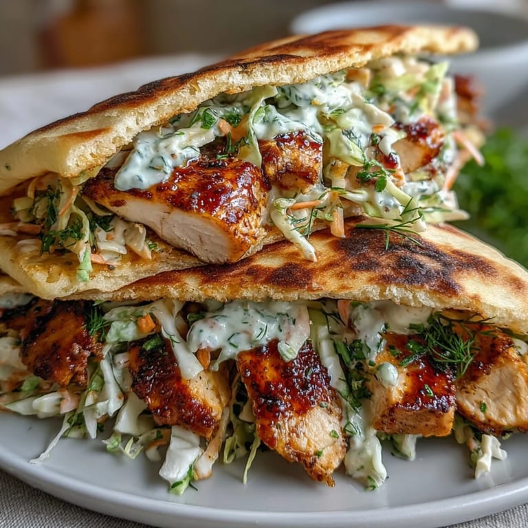 Golden spiced chicken slices overflowing from soft pita bread, topped with crisp veggies and a drizzle of creamy herby ranch dressing.