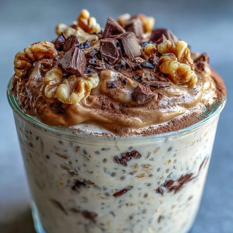 Ein Glas der Chunky Monkey Protein Overnight Oats, cremig mit Kakao und Erdnussbutter, garniert mit zusätzlichen Walnüssen und Minischokolade.
