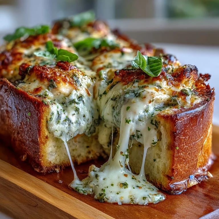 Häppchenfertige Pesto-Hähnchen-Brotboote mit knusprigen Rändern und würziger Füllung für US-Feierabend-Menüs.