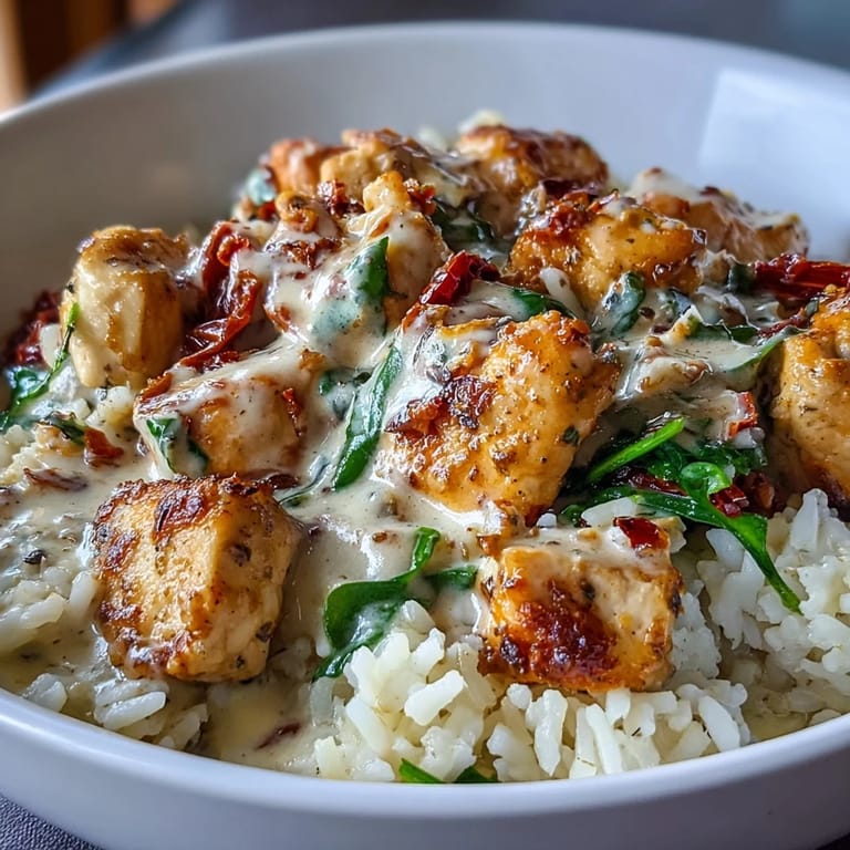 Frisch gekochtes Creamy Tuscan Chicken Rice Skillet mit saftigem Hähnchen, Sonnengetrockneten Tomaten und cremiger Sauce.