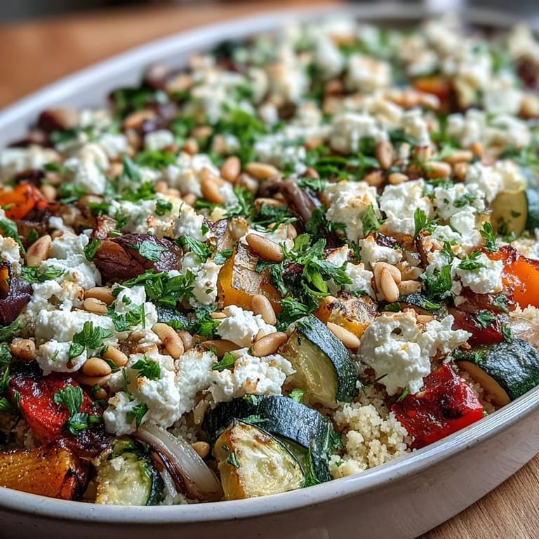 Serving suggestion for Roasted Veggie & Feta Couscous Bake garnished with parsley and pine nuts, ready to eat.