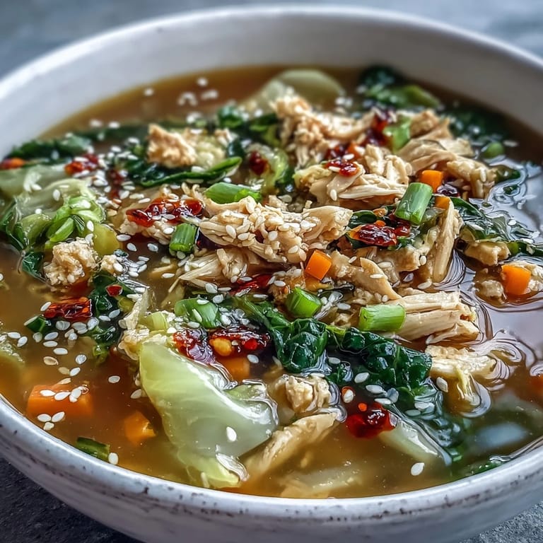 Topansicht auf Egg Roll Soup mit Hähnchen und Kohl, garniert mit Chili Crisp und frischen Zwiebeln.