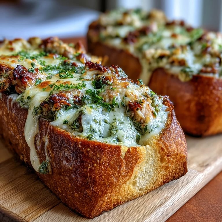 Knusprige Brotboote gefüllt mit würziger Pesto-Hähnchen-Creme und goldbrauner Käsekruste.