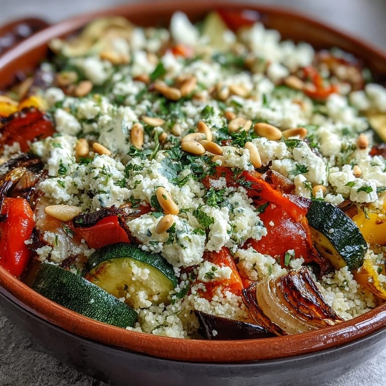 Freshly baked Roasted Veggie & Feta Couscous Bake with zucchini and bell peppers, perfect alongside a crisp green salad.