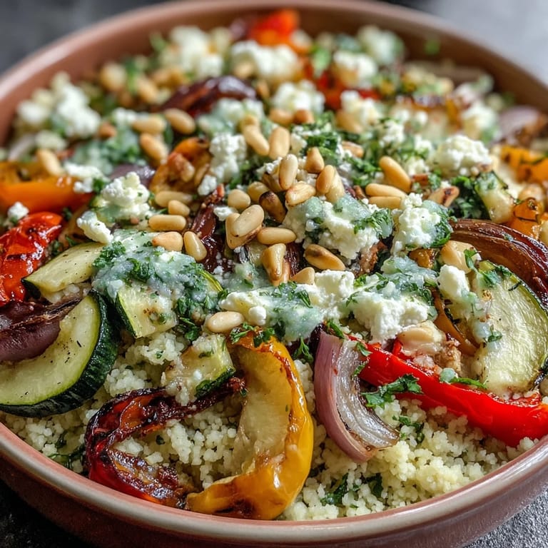 Juicy roasted veggies meet lemony couscous in this bubbling Roasted Veggie & Feta Couscous Bake, finished with crunchy pine nuts.