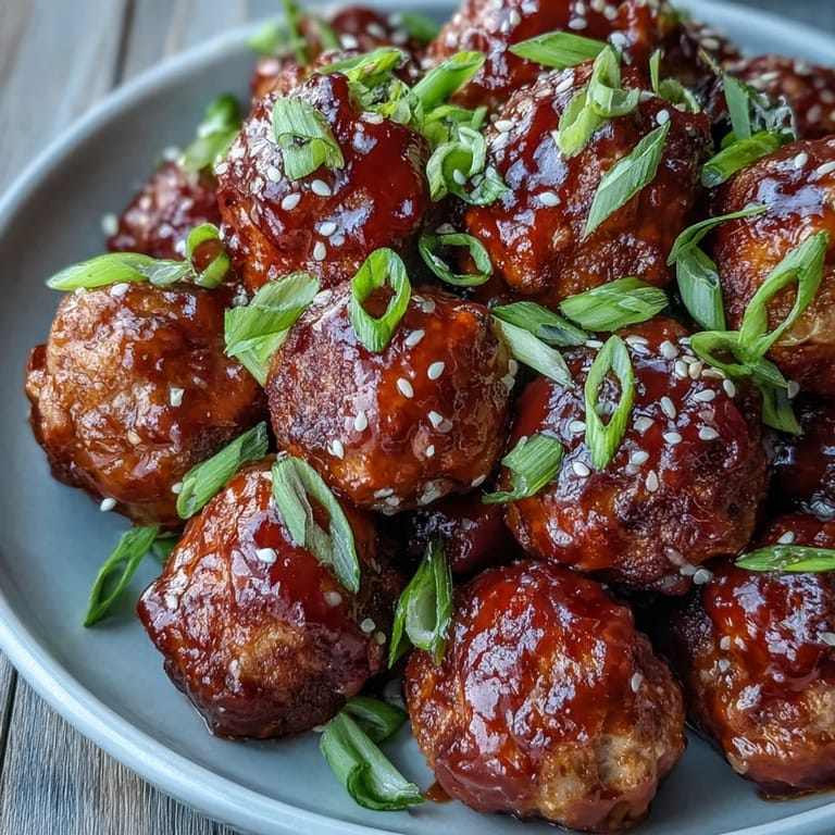 Goldbraune Spicy Chili Honey Turkey Meatballs mit Sesam garniert und grünen Zwiebeln für einen asiatisch-amerikanischen Fusion-Geschmack