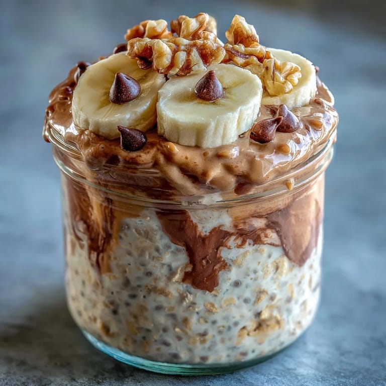 Eine Portion cremiger Chunky Monkey Protein Overnight Oats mit geschmolzener Erdnussbutter und Schokostückchen.