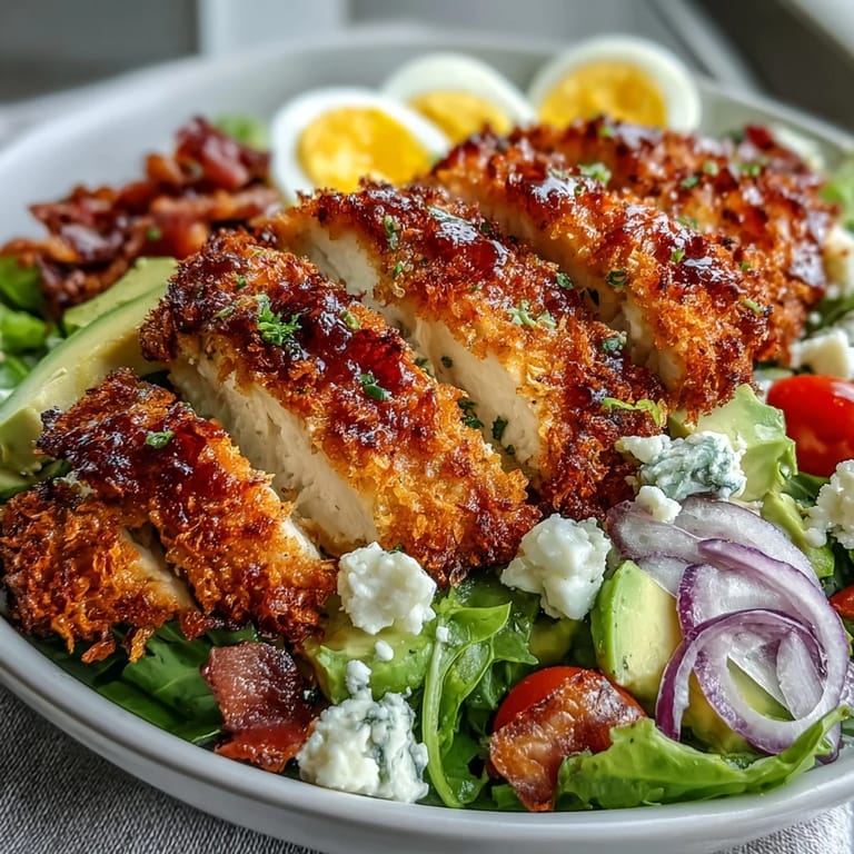 Cobb Salad mit würziger Parmesan Crusted Chicken, blauem Käse, Tomaten und roten Zwiebeln, belegt auf großer Platte.