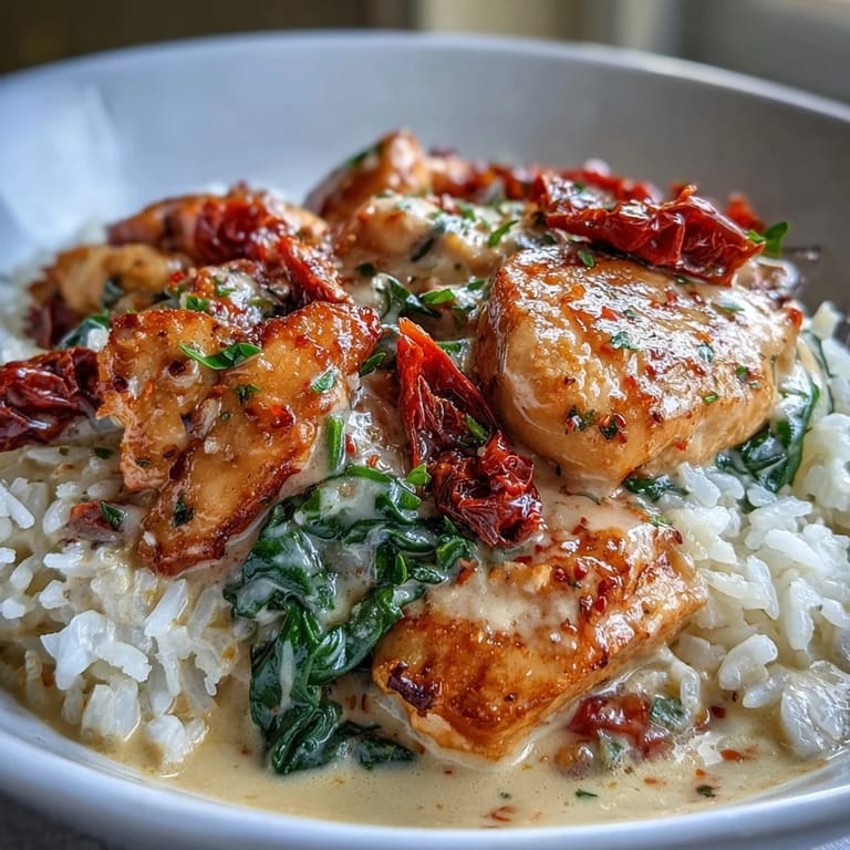 One-pan Tuscan chicken rice skillet served hot, garnished with basil and extra Parmesan.