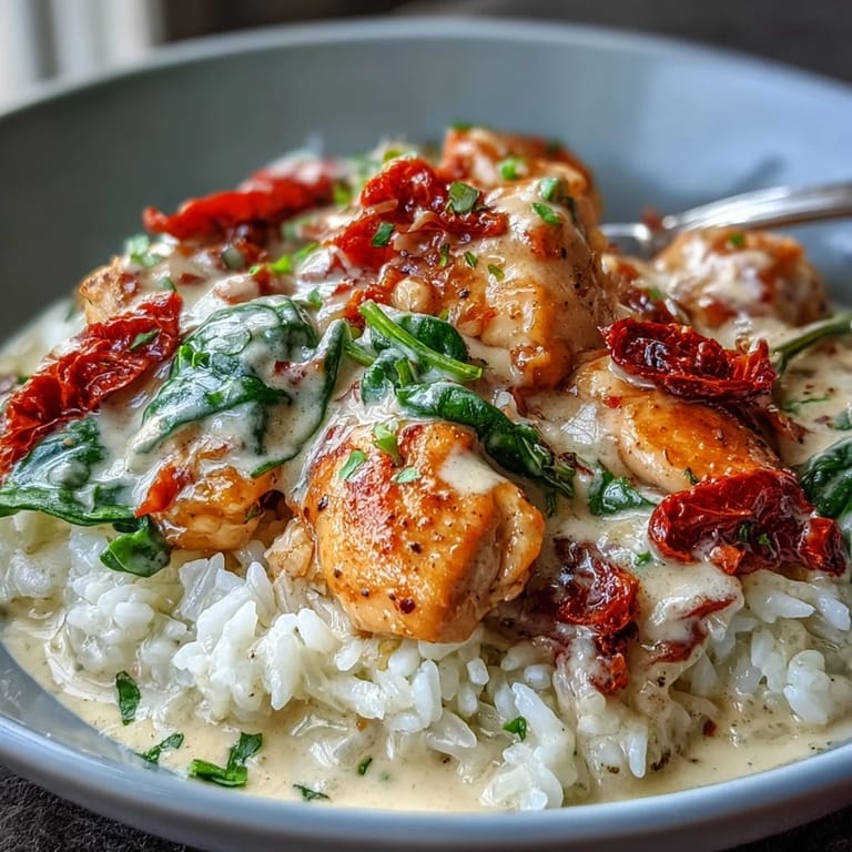 A steaming skillet of Tuscan chicken rice with sun-dried tomatoes and wilted spinach.
