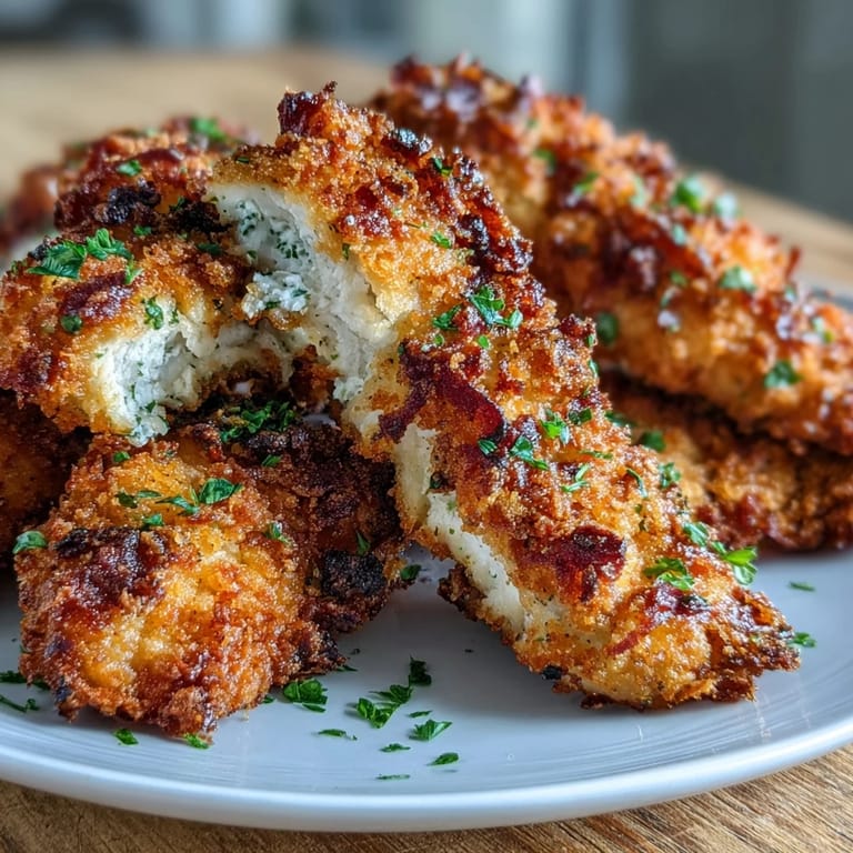 Köstliche Crispy Panko Ranch Chicken Tenders mit Sauce und Petersilie für eine Familienmahlzeit.
