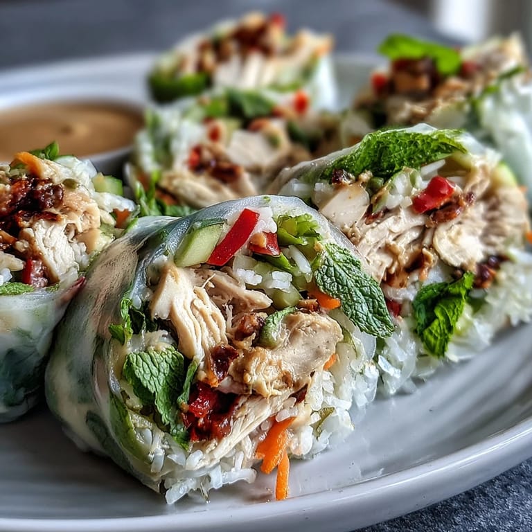 Genussreife Hähnchen- und Gemüse-Frühlingsrollen mit glatter Erdnussauce, garniert mit Koriander und Sesam am Esstisch.