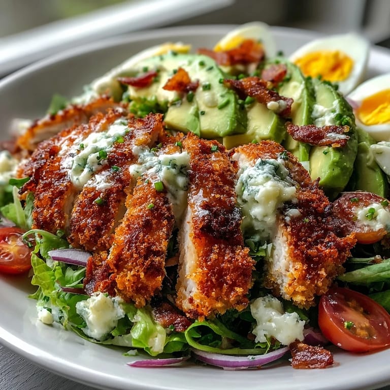 Gesunder Parmesan Crusted Chicken Cobb Salad mit Dressing, Gurken und geviertelten Eiern angerichtet.