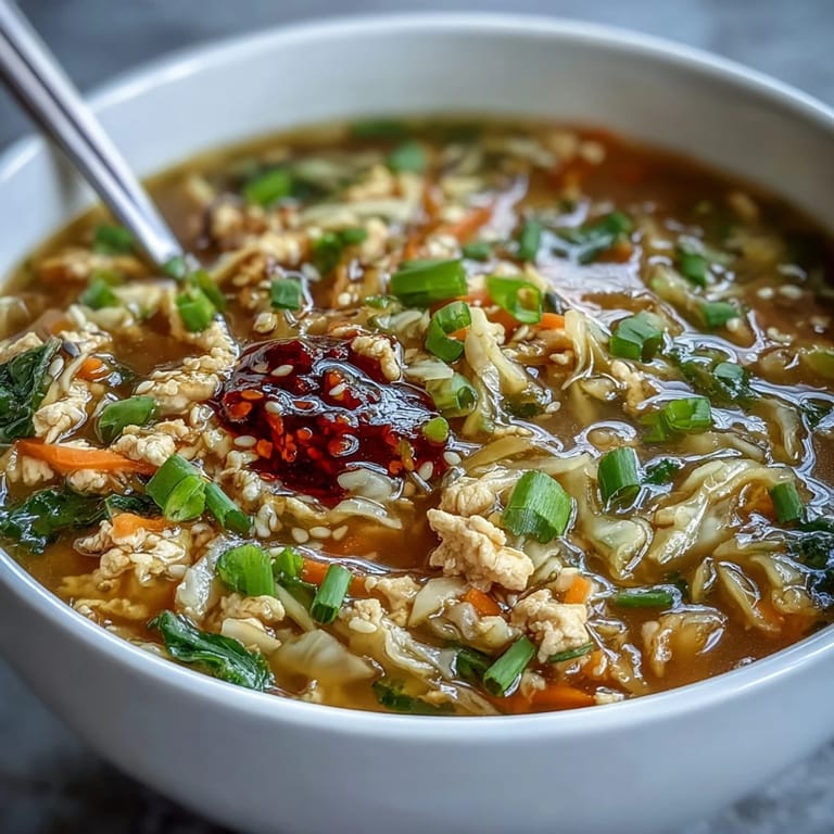 Würziges Egg Roll Soup mit Hähnchen und Kohl, serviert mit Chili Crisp und gerösteten Sesamsamen.