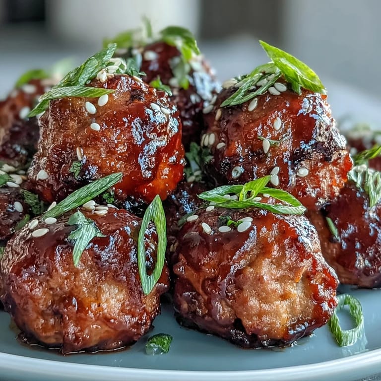 Scharfe Chili-Honig-Entenbällchen mit frischem Koriander und Sesam bestreut, serviert auf braunem Reis.