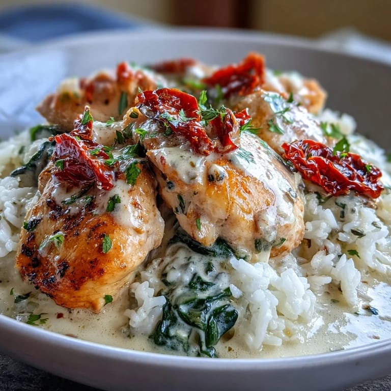 One-pan Tuscan chicken rice skillet served hot, garnished with basil and extra Parmesan.