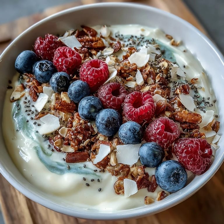Genieße das Berry Greek Yogurt Smoothie Bowl als proteinreiches Frühstück mit Obst und Saaten.