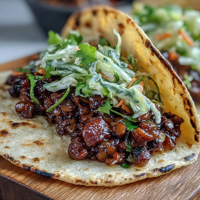 Rauchige BBQ Linsen in warmen Tortillas mit buntem Krautsalat und Avocado-Scheiben.