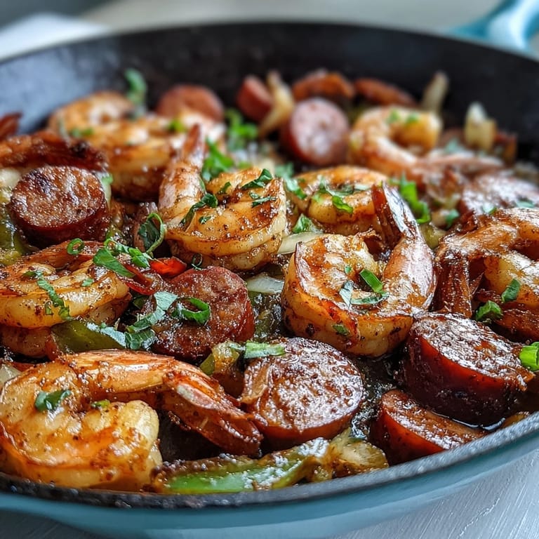Rauchiger Cajun Shrimp and Sausage Skillet mit knusprig angebratenen Garnelen, Würstchen und farbenfrohen Paprika.