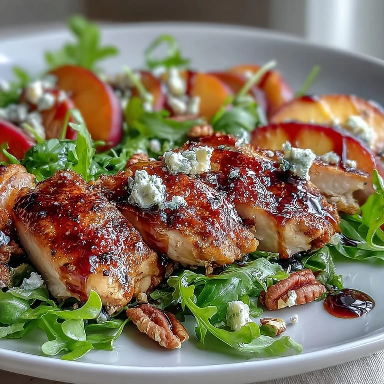Saftiges gegrilltes Hähnchen und süße Pfirsichscheiben auf frischem Rucola, garniert mit Feta und Nüssen.