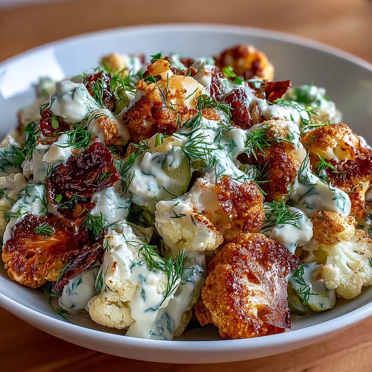 Blumenkohlsalat im Keto-Stil – geröstete Röschen, säuerliche Gurken und Eier in cremiger Sauce, perfekt für kohlenhydratarme Ernährung.