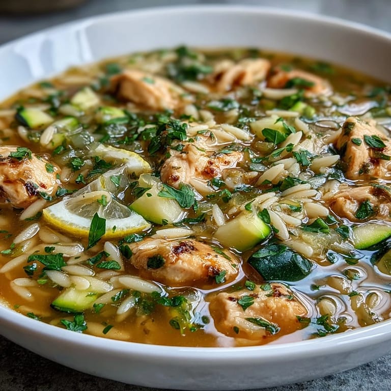Eine Schüssel cremige Zitronen-Hühnchen-Zucchini-Orzo-Suppe mit frischen Kräutern und goldgelbem Orzo.