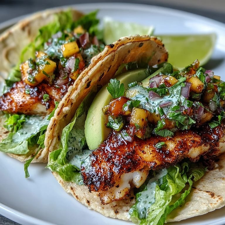 3. Farbenfrohe Salat-Tacos mit gegrilltem Fisch, saftiger Mango-Salsa und cremiger Avocado – perfekt für eine gesunde Mahlzeit.