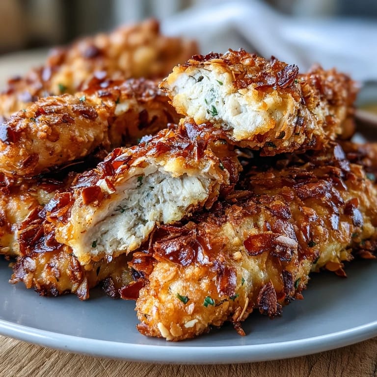 Goldbraune Hähnchenstreifen mit Parmesan-Kruste und knusprigem Mandelüberzug, dazu frischer Ranch-Krautsalat.