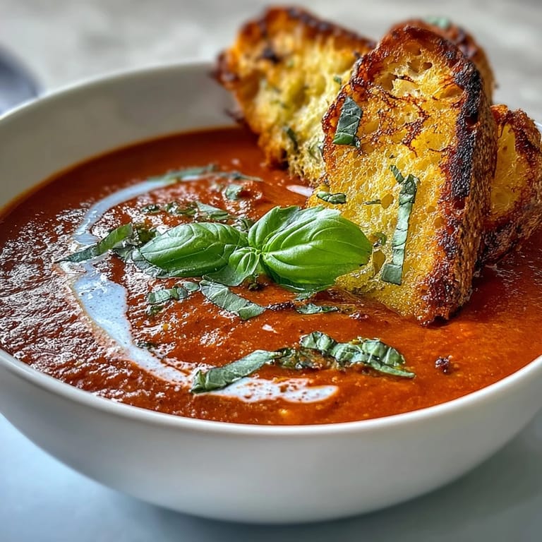 Reichhaltige Tomaten-Basilikum-Suppe mit Kokosmilch, serviert mit goldgelben Knoblauch-Sauerteig-Dippern.