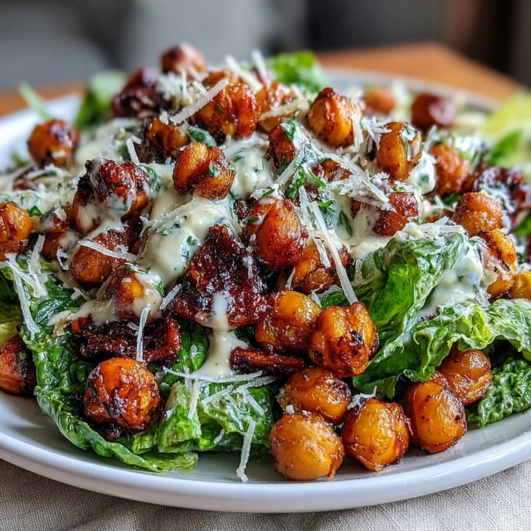 3. Farbenfroher veganer Caesar-Salat mit knackigem Römersalat, gerösteten Kichererbsen und hausgemachtem Cashew-Dressing.