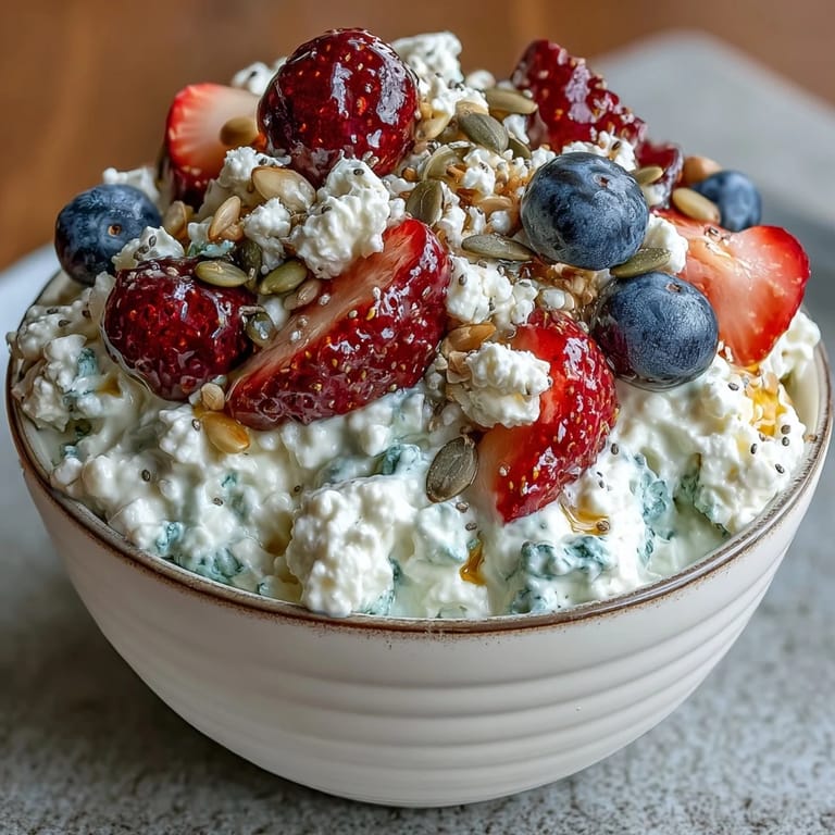 2. Schnelle Protein-Snack-Schüssel mit Hüttenkäse, gemischten Beeren und knackigen Sonnenblumen- sowie Kürbiskernen.  