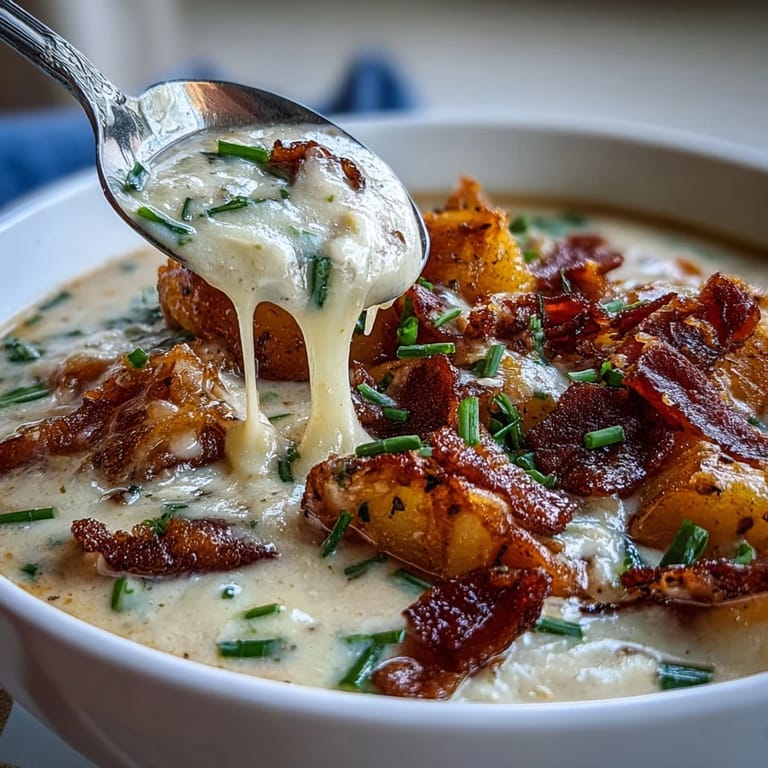 Reichhaltige, samtige Kartoffelsuppe mit goldgelbem Cheddar und frischem Schnittlauch.