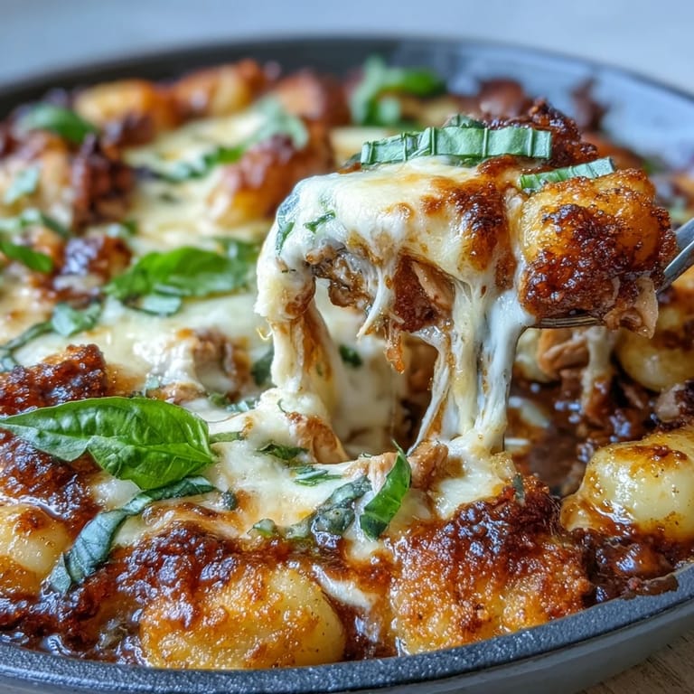 Italienisch inspirierte Gnocchi-Pfanne mit saftigem Hähnchen, würziger Tomatensauce und goldbrauner Käsekruste.