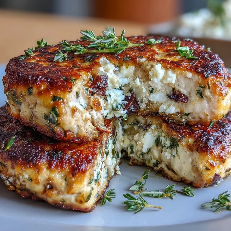 Mediterrane Hühnerbratlinge mit frischen Kräutern und cremigem Feta, serviert mit knackigen Gurken und reifen Tomaten.