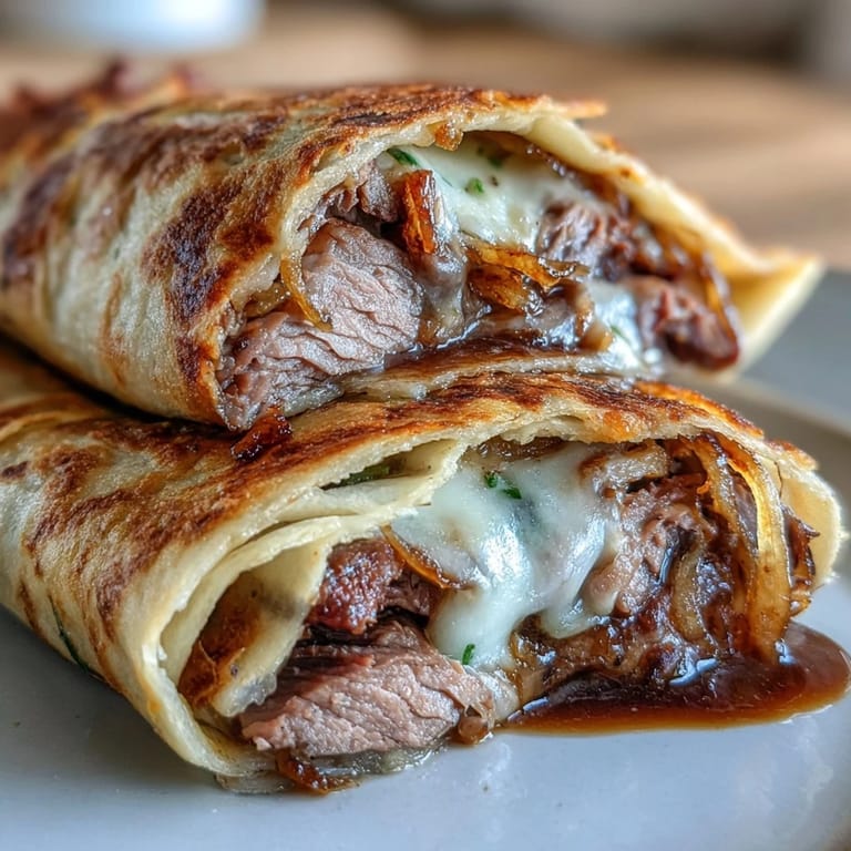 2. Handliche French Dip Tortilla Roll Ups gefüllt mit saftigem Roastbeef, knusprigen frittierten Zwiebeln und geschmolzenem Käse, perfekt zum Teilen oder als Hauptspeise.