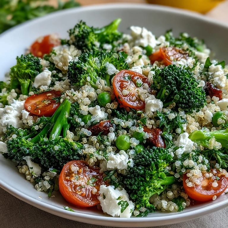 Quinoa-Gemüse-Schüssel mit knackigem Brokkoli, süßen Erbsen und zerbröckeltem Feta, angerichtet mit frischer Petersilie.