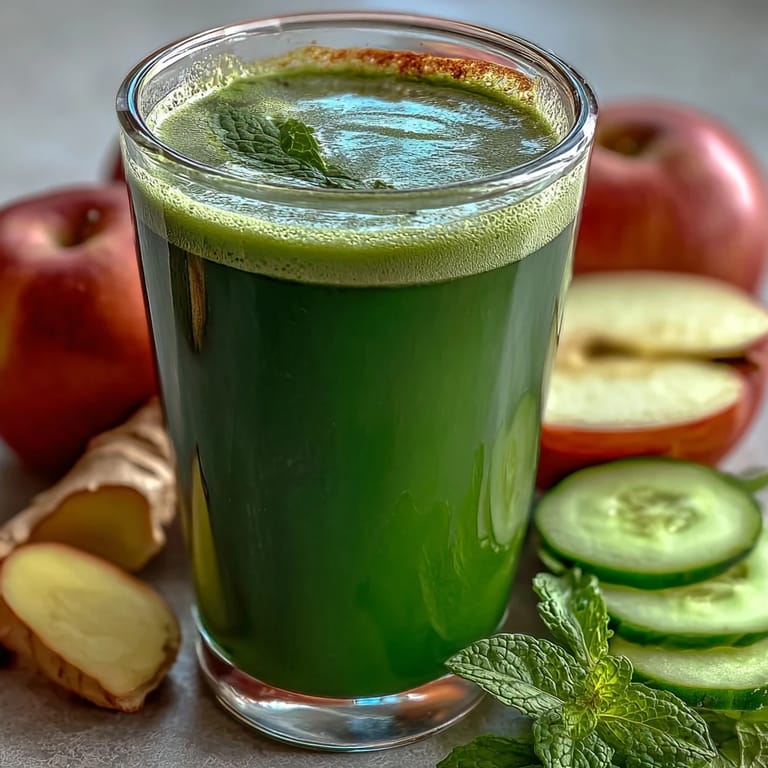 Lebendige Mischung aus Gurke, Apfel und Ingwer in einem Glas, perfekt für einen gesunden Energieschub.