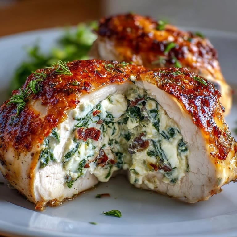 Saftige Hühnerbrüste gefüllt mit würzigem Spinat, Feta und sonnengetrockneten Tomaten, gebacken bis goldgelb.  