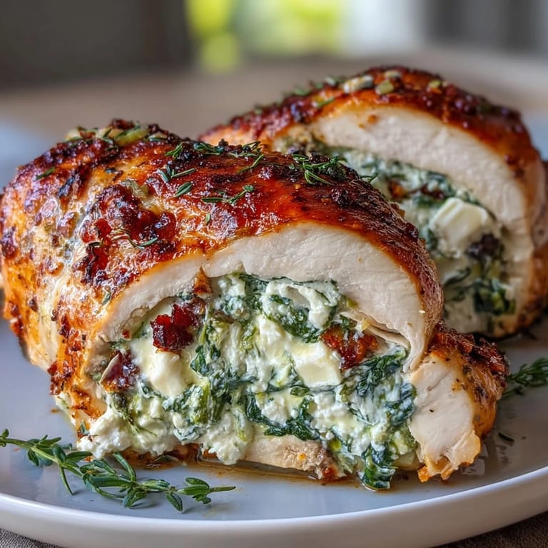 Hühnchenbrüste gefüllt mit Spinat, cremigem Feta und Zitronenabrieb, ein köstliches mediterranes Hauptgericht.
