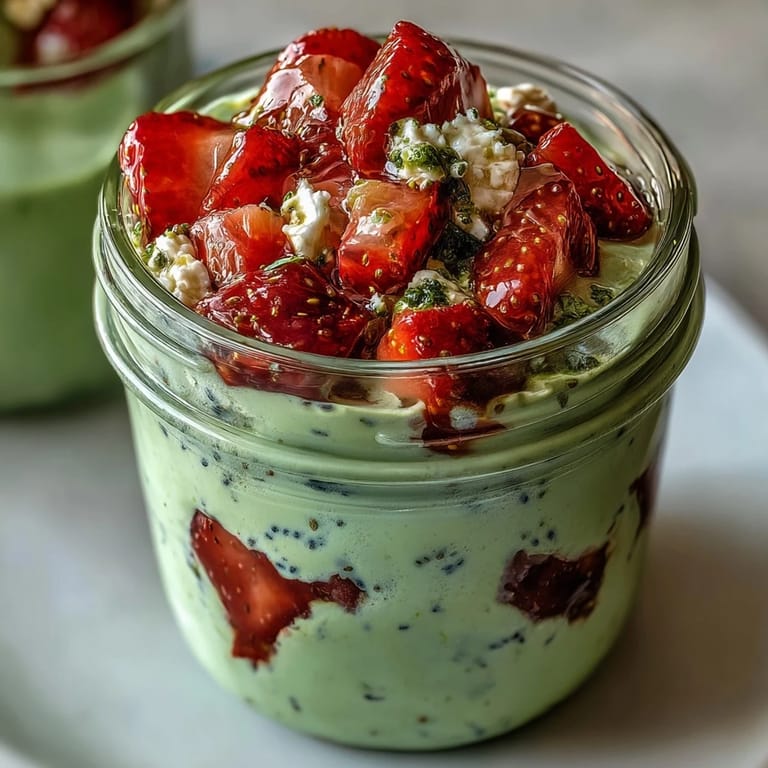 3. Bunter Frühstückssnack mit süßen Erdbeeren, erdigem Matcha und herzhaften Haferflocken in Gläsern