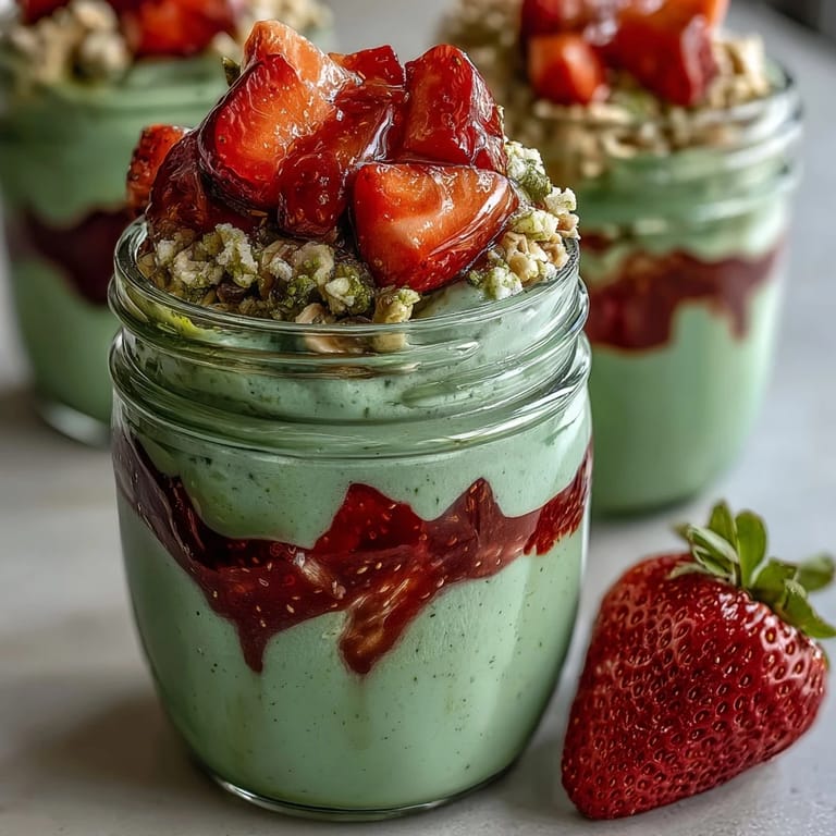 2. Cremige Overnight Oats mit Schichten aus Erdbeeren und Matcha in Gläsern für ein erfrischendes Frühstück