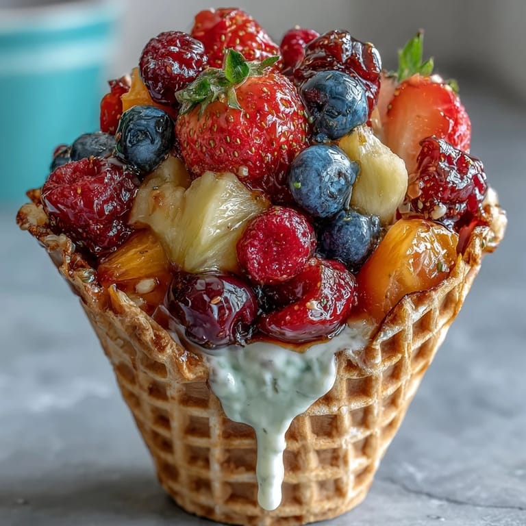 Fruchtige Waffel-Konfektion mit Erdbeeren, Mango und Trauben, begleitet von einem säuerlich-süßen Joghurtdip.