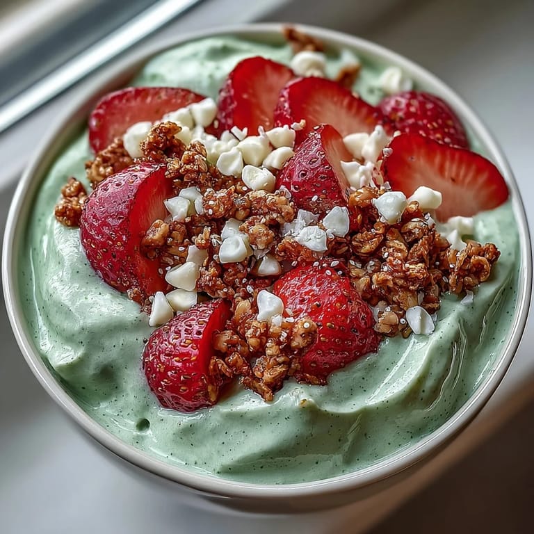 2. Lebendige Smoothie Bowl mit süßen Erdbeeren, erdigem Matcha und verführerischen weißen Schokostückchen