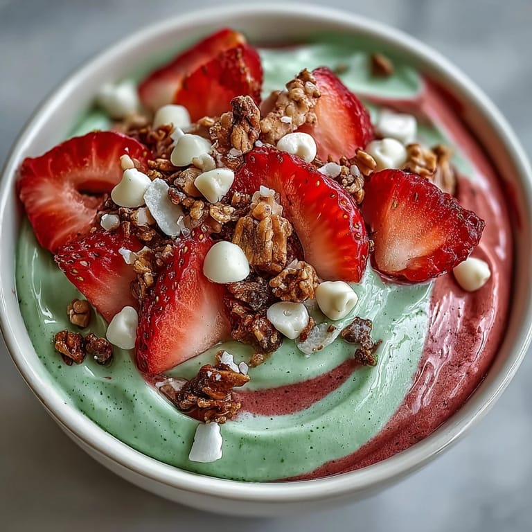 3. Cremige Matcha-Erdbeer-Smoothie Bowl mit bunten Toppings, perfekt für ein nahrhaftes Frühstück oder einen Snack
