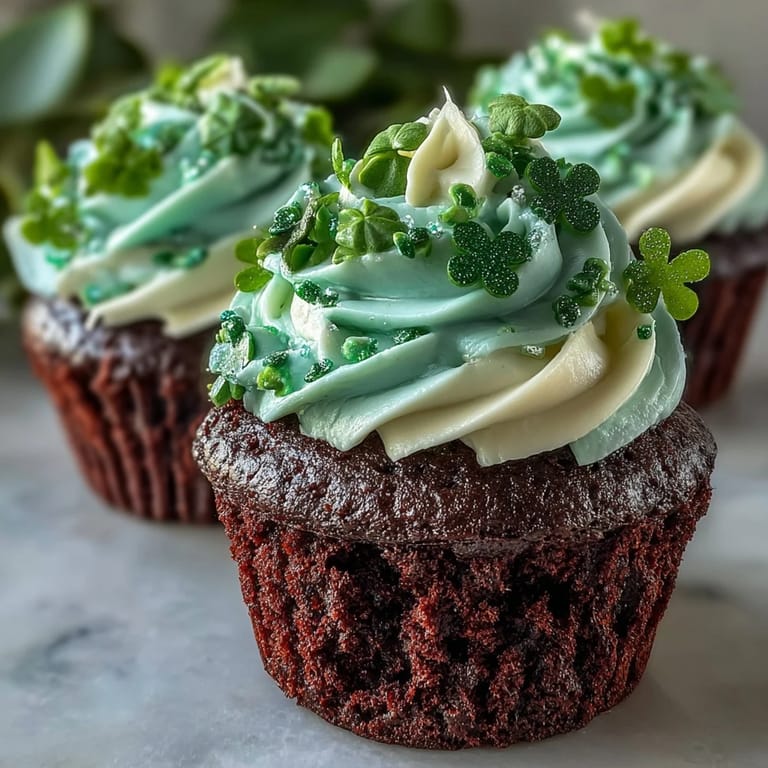 3. Zarte grüne Samtkuchen, gekrönt mit luftigem Vanille-Frosting und festlichen Dekorationen, ideal für farbenfrohe St. Patrick's Day Desserts.