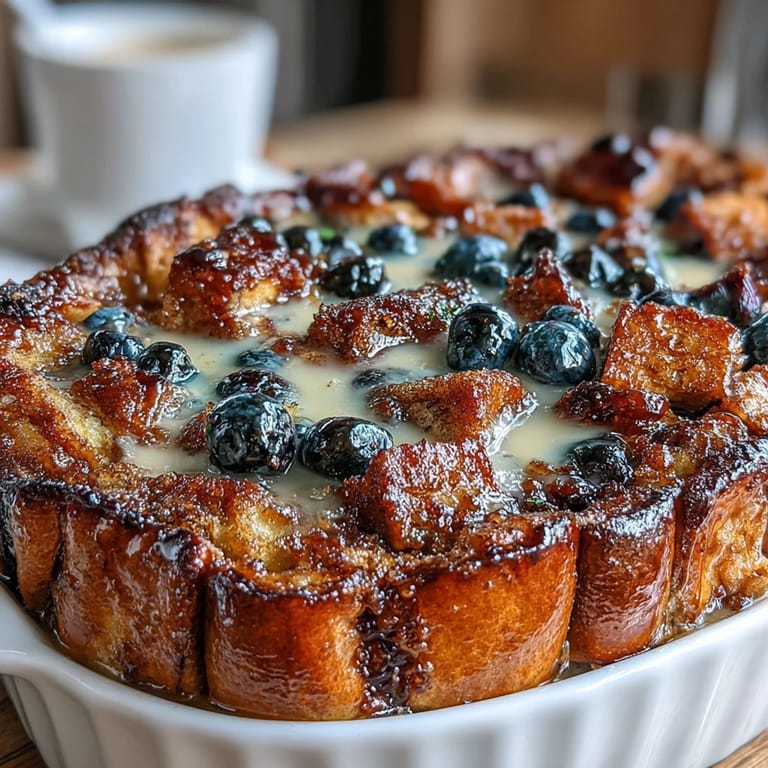 Sauerteigbrot, Zitronencreme und Heidelbeeren in einem fruchtigen Brunch-Auflauf gebacken.