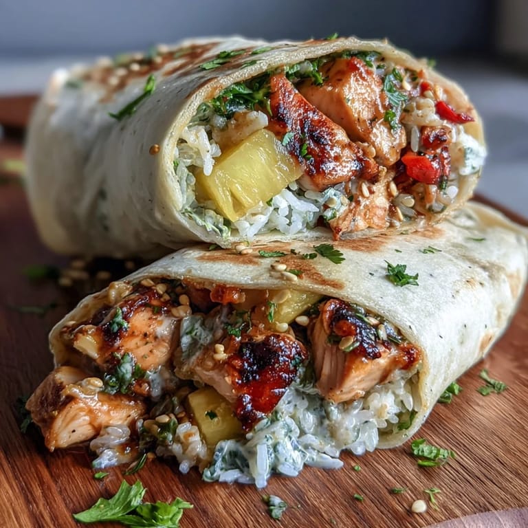 Frische Salat-Wraps mit Hähnchen-Ananas-Reis und knusprigen Gemüse-Stücken.