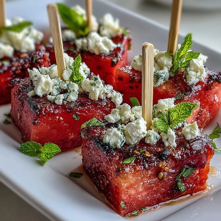 Wassermelonen-Feta-Spieße mit Minze - ein erfrischender, mediterraner Snack.