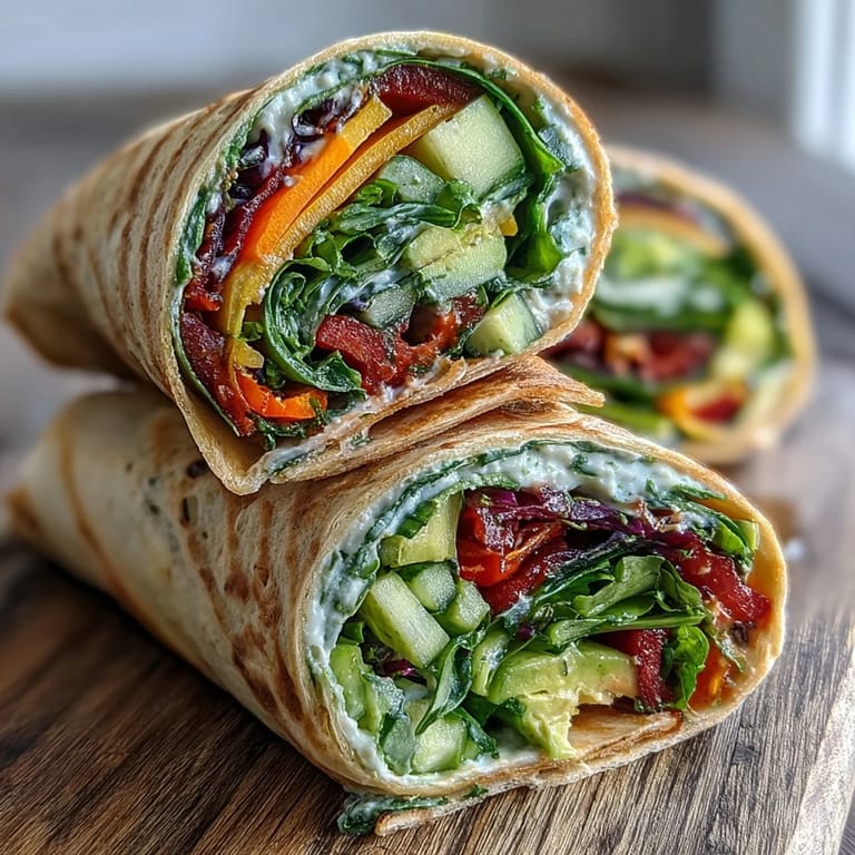 1. Farbenfrohe Regenbogen-Veggie-Wraps mit knackigen Paprika, Karotten und Gurke in Vollkorn-Tortillas.