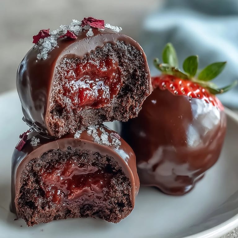 1. Dubai-Style Erdbeertrüffel mit dunkler Schokoladenschale, dekoriert mit Pistazien und Rosenblüten